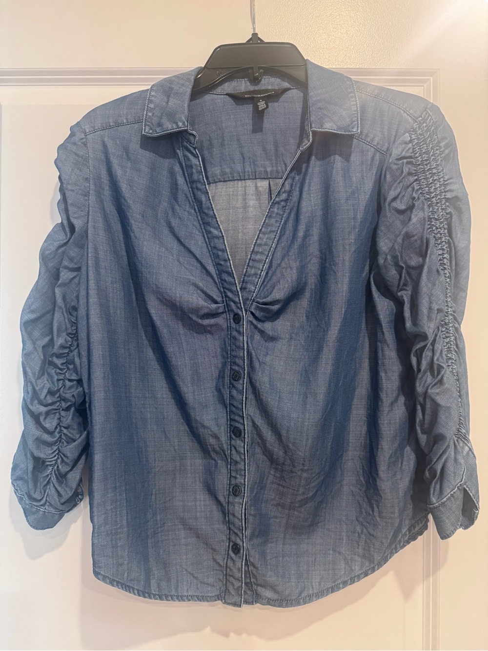 White House Black Market Blue Chambray Button-Down with Ruched Sleeves